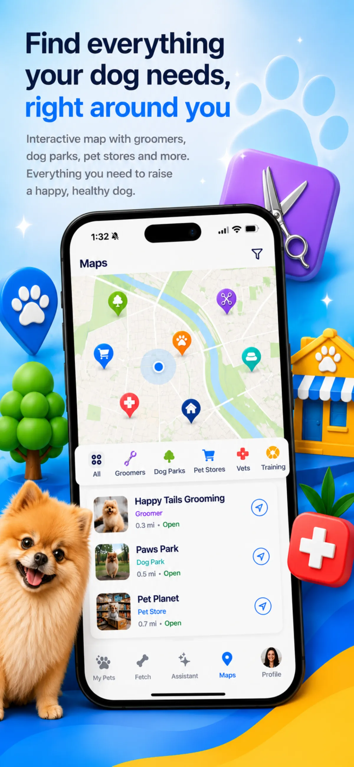id4.pet app — interactive map with groomers, vets, dog parks and pet stores nearby